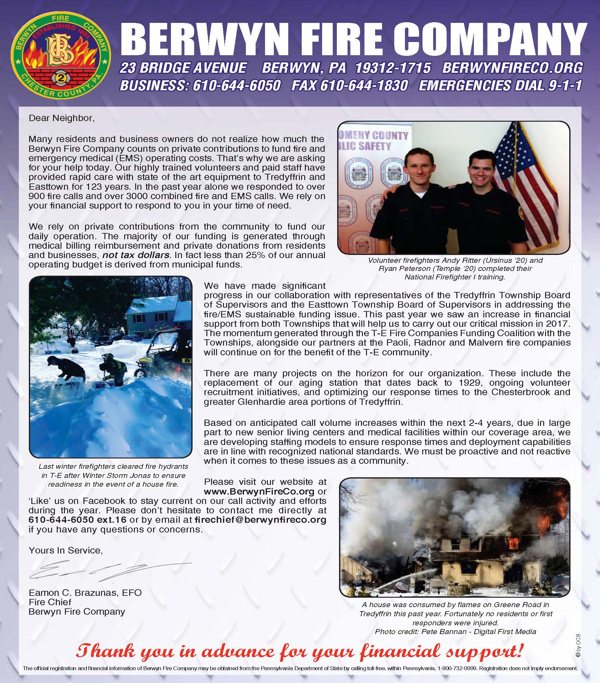 2017 Fire Fundraising Letter - Click to read or download the PDF