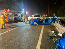 A post-crash view at Darby Paoli Rd. (Rt 252) and Leopard Rd. in Easttown Twp. where two drivers were injured. 